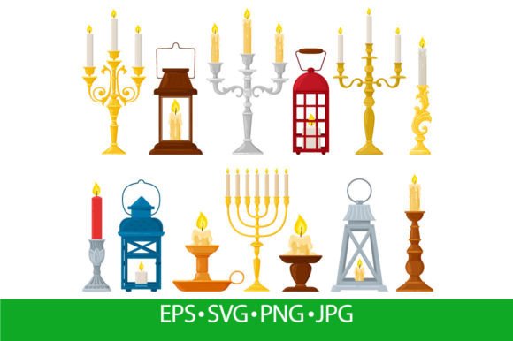 Cartoon Vintage Candlesticks, Lamps: Illustrations with Retro Charm